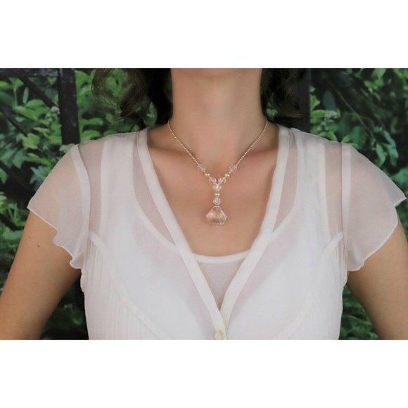 Sterling Silver Seed Pearl and Crystal Necklace 15 inch Chain Antique Victorian - Picture 2 of 9